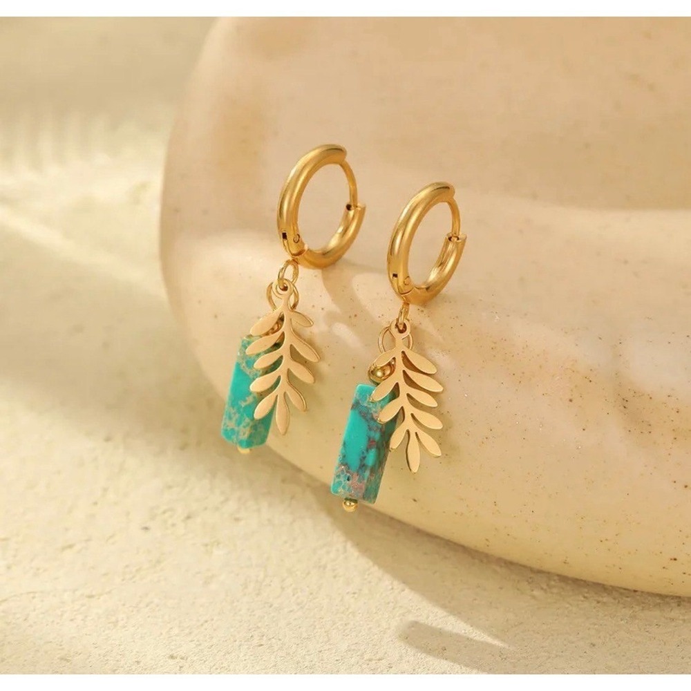 Turquoise Stone Leaf Charm Hoop Earrings Gold Tone Stainless Steel Boho